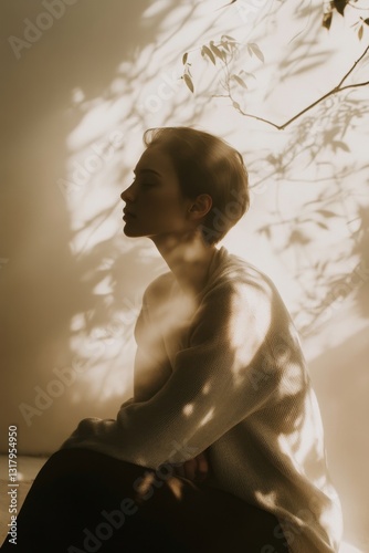 Serene Woman in Sunlight Shadow