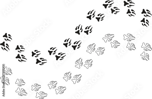 Dinosaur tracks icon set. Dragon tracks foot print symbol silhouette black vector collection isolated on transparent background. Dino cute trail texture. Hand drawn paleontology dinosaur paw prints.