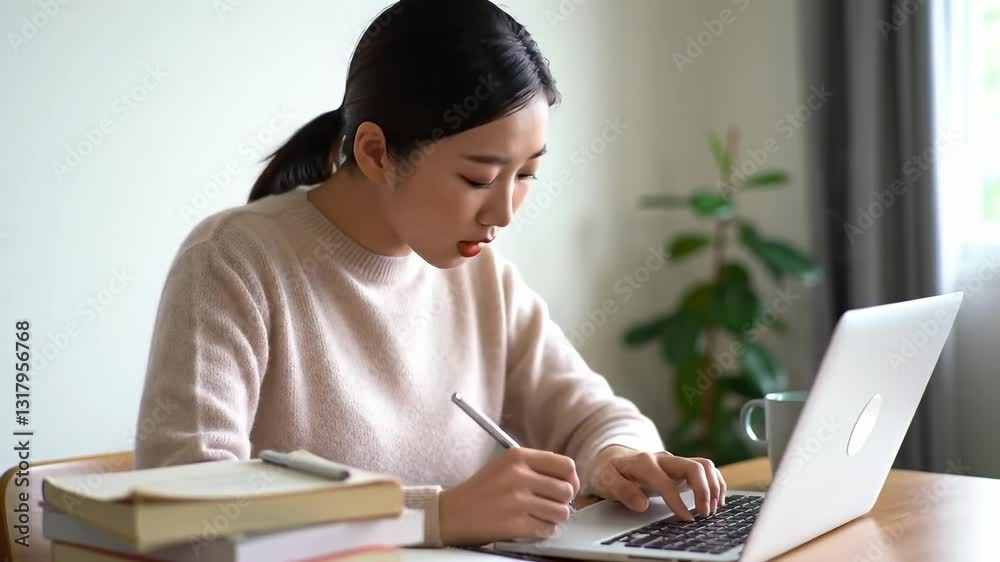 Focused Young Asian Woman Studying at Home with Laptop and Books, Engaged in Learning and Note-taking in a Cozy Indoor Environment Focused Young Asian Woman Studying at Home with Laptop and Books, Engaged in Learning and Note-taking in a Cozy Indoor Environment