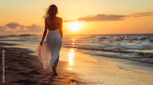 Serene Sunset Stroll: Woman in White Dress Walking on Sandy Beach at Golden Hour