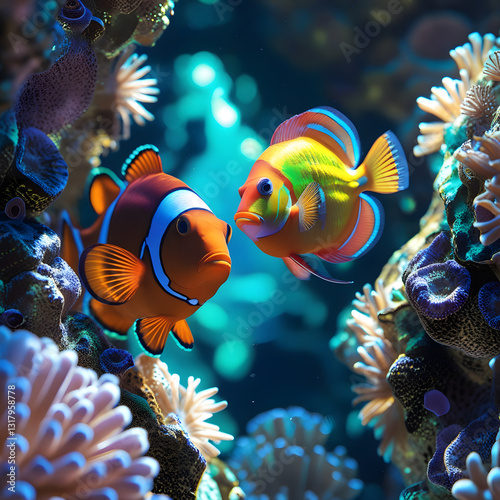 Exotic fish of various shapes and hues, including bright angelfish, dazzling clownfish, and shimmering parrotfish, weave gracefully through the intricate coral formations.