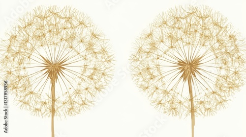 Golden Dandelion Seed Heads on White Background Detailed Botanical Illustration