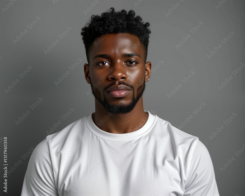 Fototapeta premium A portrait of a young man with curly hair, wearing a white shirt, displaying a serious expression against a neutral gray background.