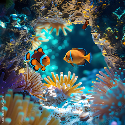 Exotic fish of various shapes and hues, including bright angelfish, dazzling clownfish, and shimmering parrotfish, weave gracefully through the intricate coral formations.