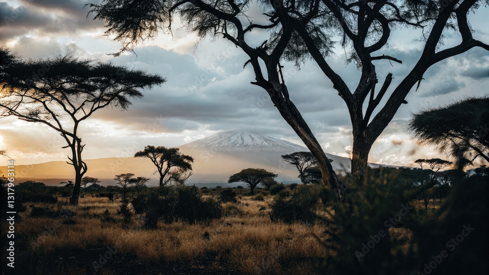 Fototapeta premium The Kenyan savanna glows at twilight, with golden plains stretching toward distant Mount Kilimanjaro, evoking a serene connection between land and sky.
