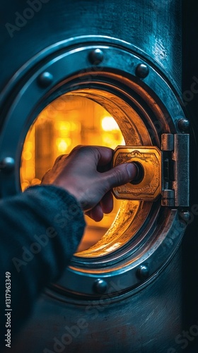 hand unlocking a glowing vault filled with creative ideas, conceptual photography, copy space