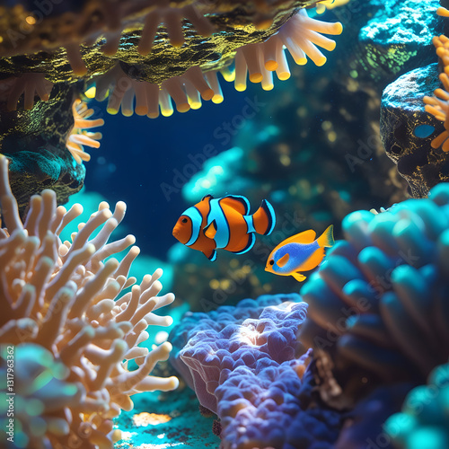 Exotic fish of various shapes and hues, including bright angelfish, dazzling clownfish, and shimmering parrotfish, weave gracefully through the intricate coral formations.