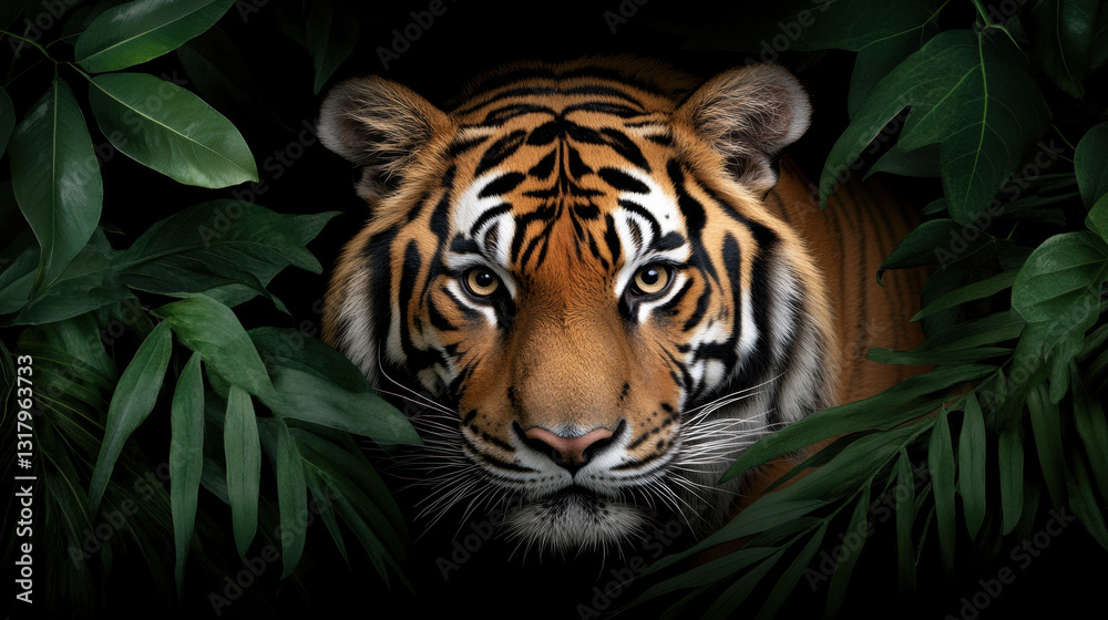 Majestic Bengal tiger emerging from dense jungle foliage, showcasing striking stripes and intense gaze