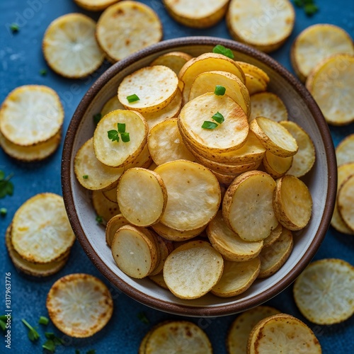 Cottage Fries Round thick potato slices like small discs food portrait photography display on red background