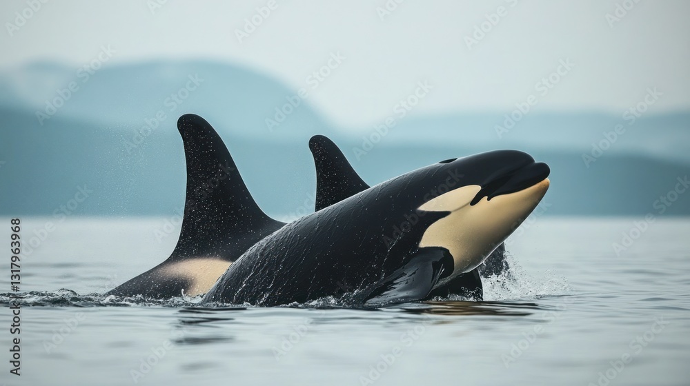 Fototapeta premium Orcas surfacing, coastal waters, misty mountains