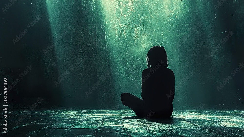 Silhouette of a Person Meditating in a Mystical Waterfall Silhouette of a Person Meditating in a Mystical Waterfall