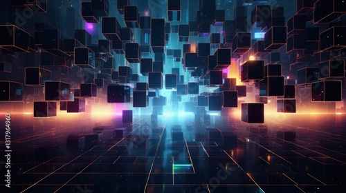 Futuristic digital landscape with floating cubes and glowing grid abstraction