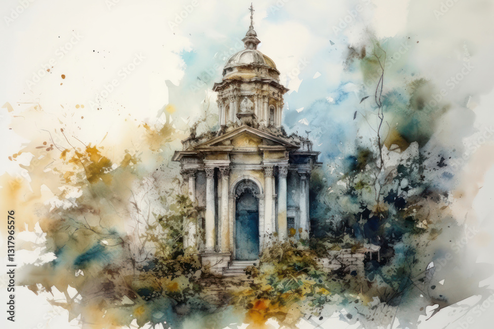 building in an ancient park, watercolor on a white background,.Generative AI building in an ancient park, watercolor on a white background,.Generative AI
