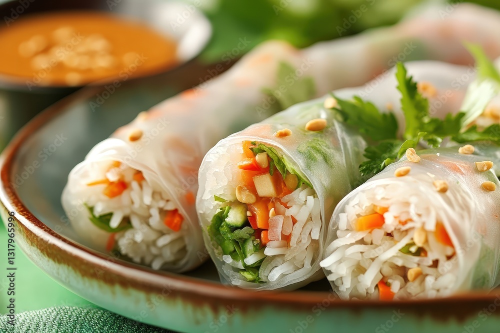 Fresh spring rolls with peanut sauce served on a plate Fresh spring rolls with peanut sauce served on a plate