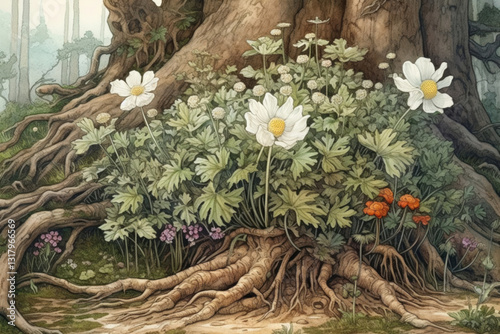 Beautiful white anemone flowers in spring in the forest near sunlight on nature., watercolor style, Generative AI