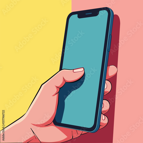 Vector illustration of a hand holding a smartphone with a blank screen, perfect for social media, mobile apps. Ideal for advertising, communication, and modern technology design 