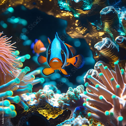 Exotic fish of various shapes and hues, including bright angelfish, dazzling clownfish, and shimmering parrotfish, weave gracefully through the intricate coral formations.