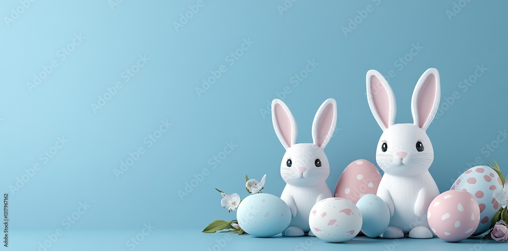 Easter banner with white wooden bunnies and eggs on pastel blue background for 3D-rendered design concept Easter banner with white wooden bunnies and eggs on pastel blue background for 3D-rendered design concept