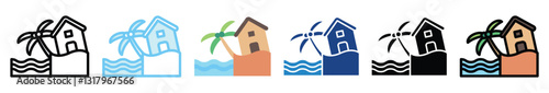 Coastal Erosion multi style, mini illustration icon set. outline, flat, glyph, line color, UI, UX, app and web, digital or print. related to ecology and environment.