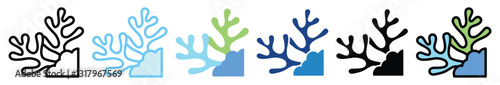 Coral Bleaching multi style, mini illustration icon set. outline, flat, glyph, line color, UI, UX, app and web, digital or print. related to ecology and environment.