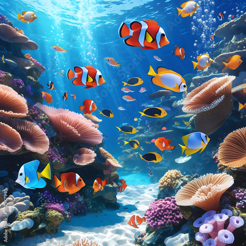 Exotic fish of various shapes and hues, including bright angelfish, dazzling clownfish, and shimmering parrotfish, weave gracefully through the intricate coral formations.
