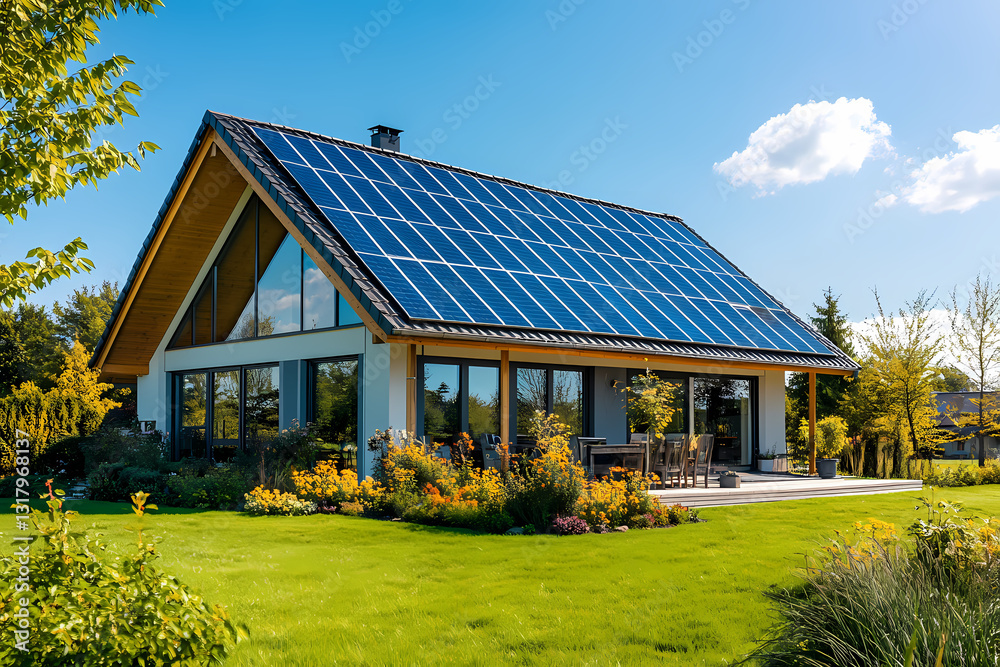 Sustainable home with solar panels installed on its roof for eco-friendly energy solutions today Sustainable home with solar panels installed on its roof for eco-friendly energy solutions today