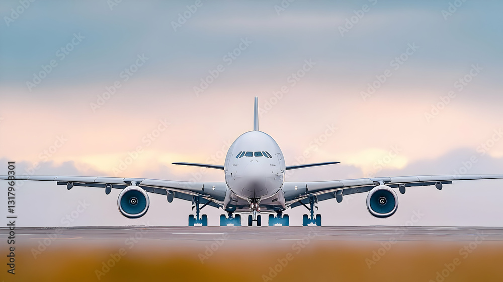 Naklejka premium White Passenger Airplane Taxiing On Airport Runway During Golden Hour Sunset