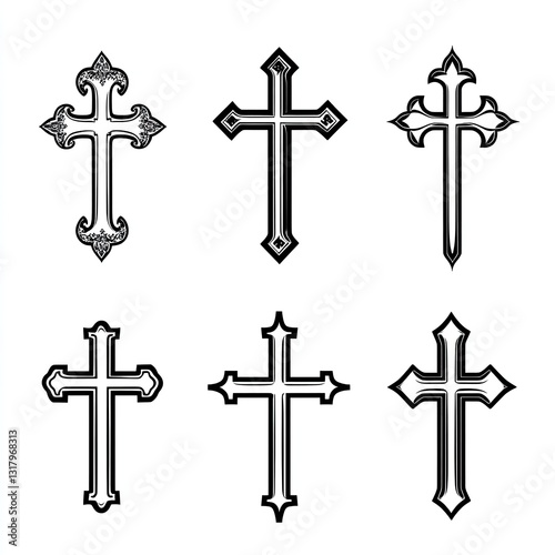 Monochrome Christian cross vector icons in simple line art on white background for design elements