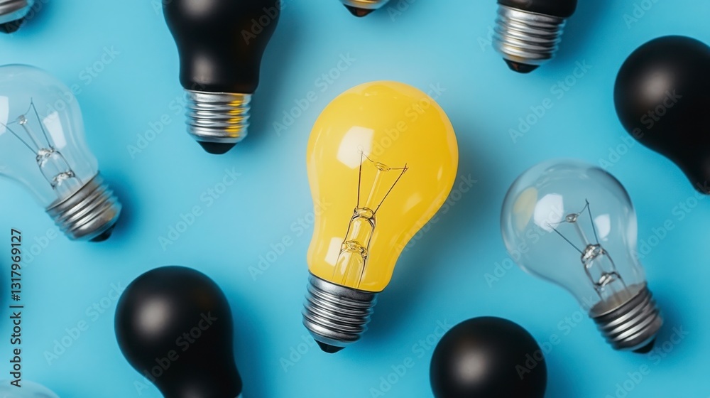 Bright Yellow Light Bulb Surrounded by Black and Clear Bulbs Bright Yellow Light Bulb Surrounded by Black and Clear Bulbs