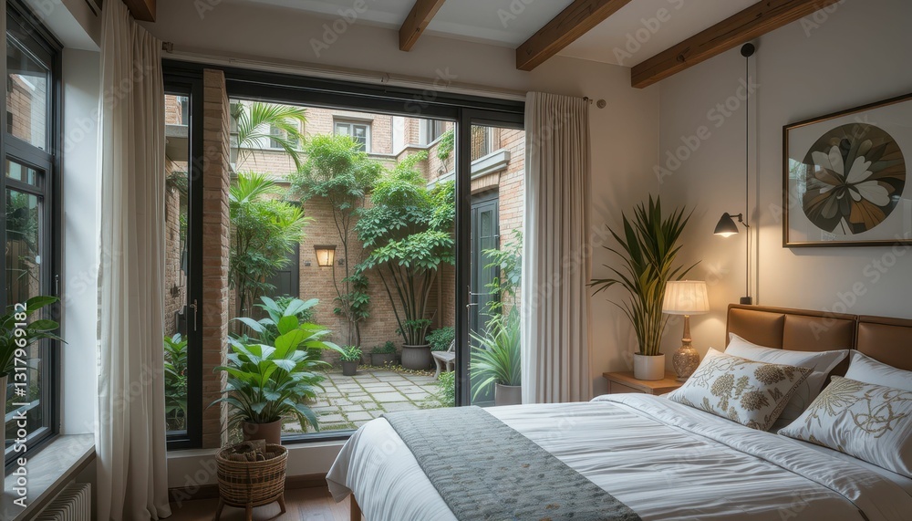 Cozy Modern Bedroom with View of Lush Green Outdoor Garden Cozy Modern Bedroom with View of Lush Green Outdoor Garden
