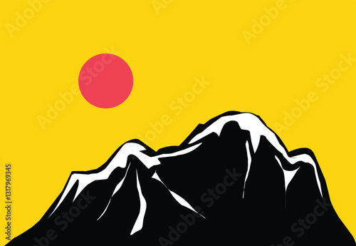lanscape of mountain and red sun inyellow sky, flat design vector ilustration