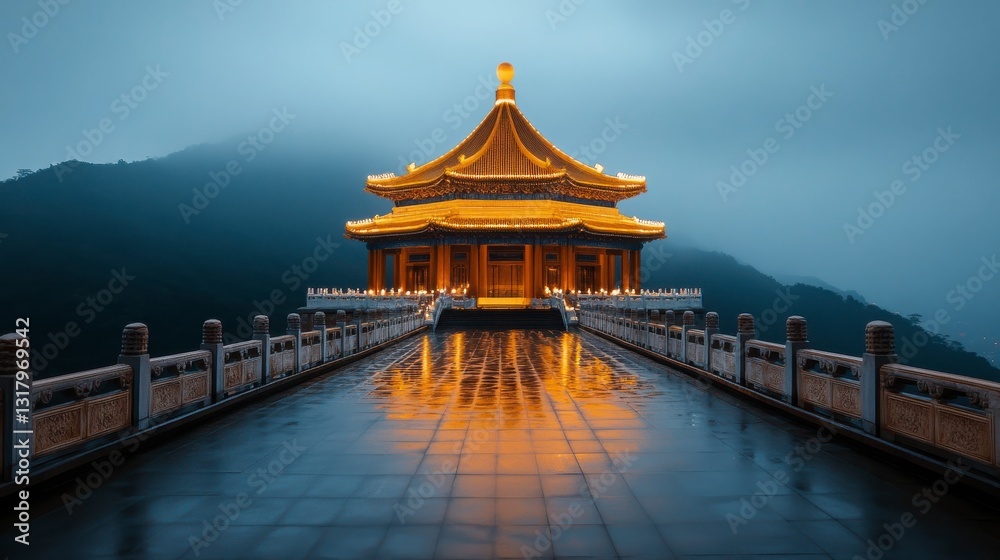 Obraz premium Tranquil Temple at Dusk Surrounded by Misty Mountains and Glow