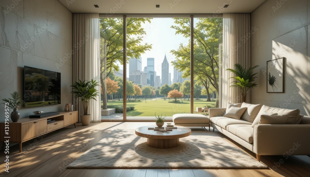 Fototapeta premium Modern Living Room with Cityscape View and Natural Lighting