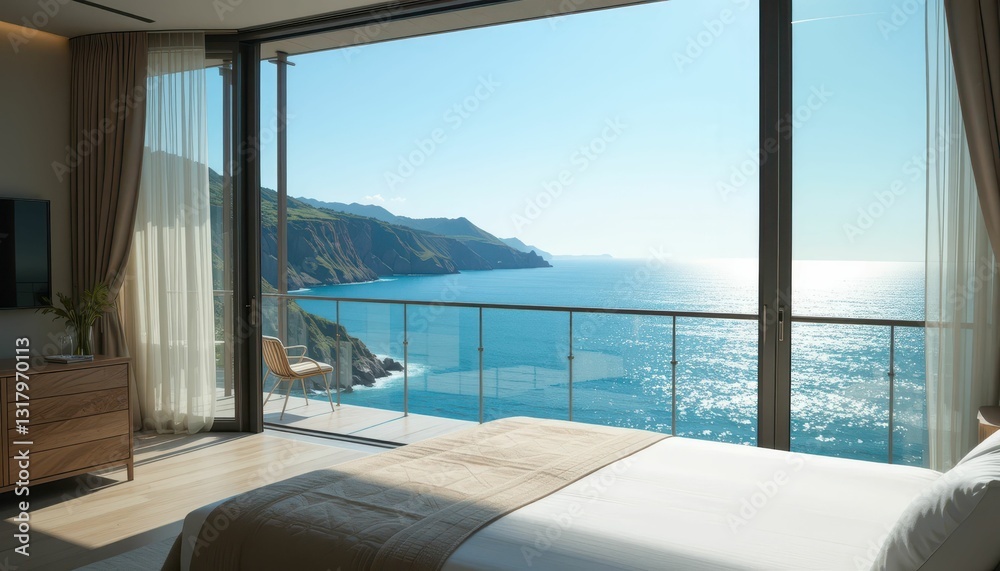 Fototapeta premium Modern Bedroom with Ocean View and Glass Wall in Luxury Hotel