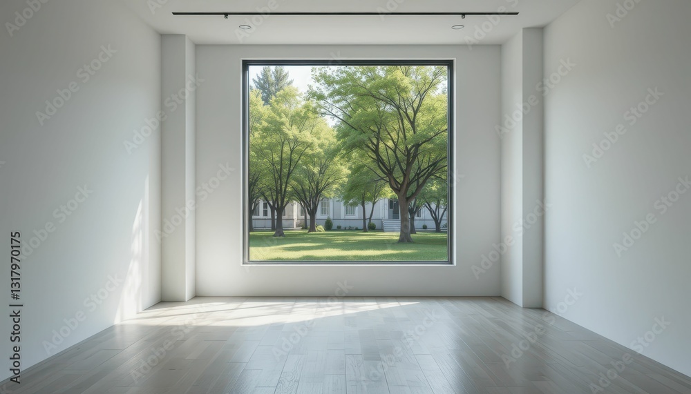 Fototapeta premium Bright Room with Large Window Overlooking a Peaceful Green Landscape