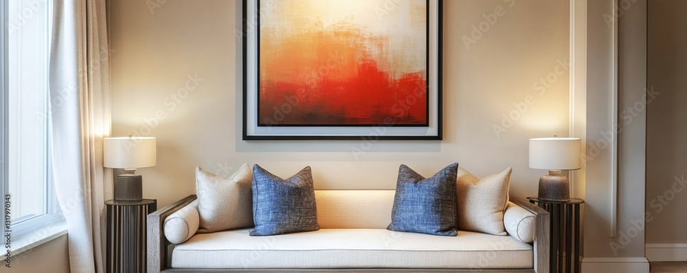 Fototapeta premium Comfortable living room interior with artwork and elegant furniture arrangement