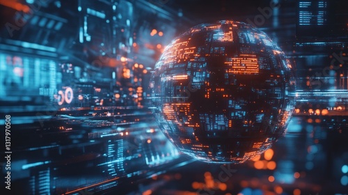 Complex digital sphere interwoven within a vibrant tech environment illusion