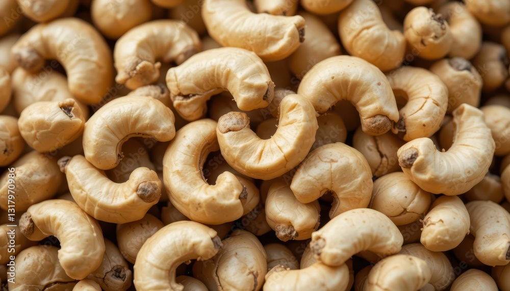 Raw Cashew Nuts Piled Together in a Close-Up View Raw Cashew Nuts Piled Together in a Close-Up View