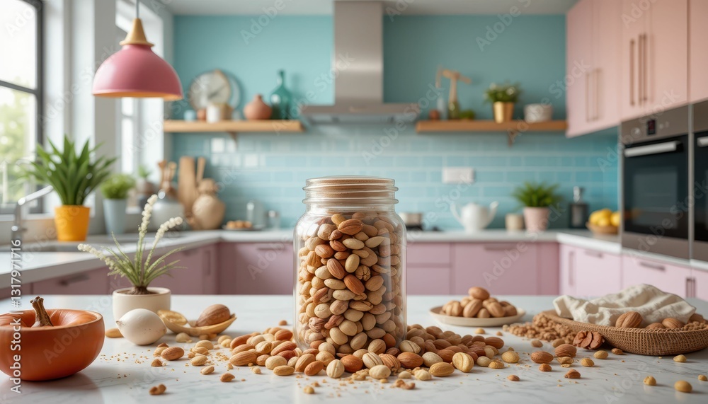 Glass Jar Filled with Various Nuts on Kitchen Countertop Glass Jar Filled with Various Nuts on Kitchen Countertop