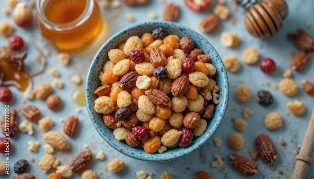Colorful Mixed Nuts and Dried Fruit in Bowl with Honey Drizzle Colorful Mixed Nuts and Dried Fruit in Bowl with Honey Drizzle