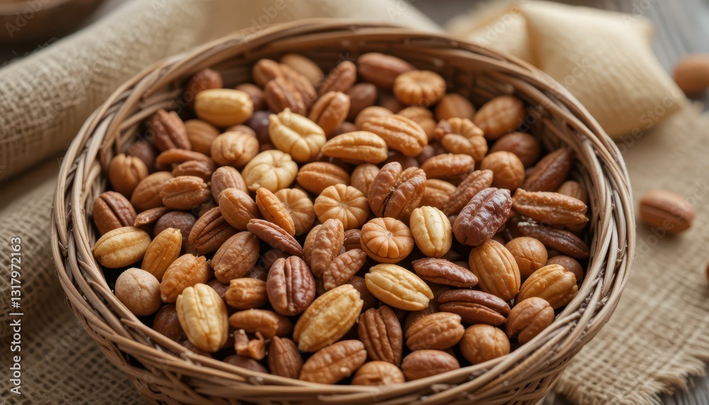 Assorted Nuts in a Rustic Basket on a Wooden Table Assorted Nuts in a Rustic Basket on a Wooden Table