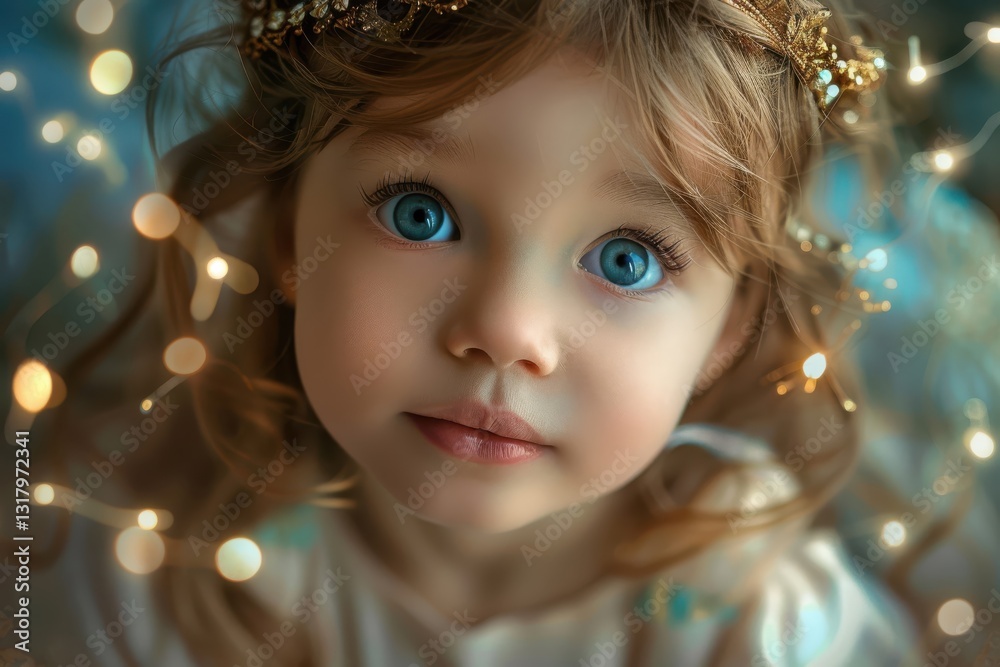 Magical encounter with a little princess surrounded by sparkling lights at twilight Magical encounter with a little princess surrounded by sparkling lights at twilight