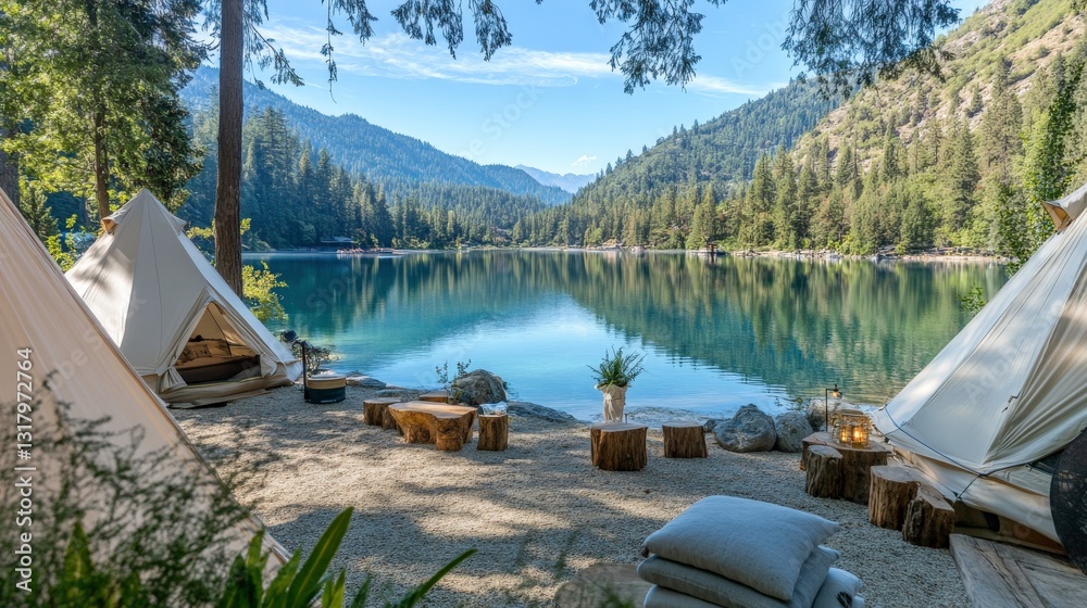 Obraz premium Tranquil Lake with Bohemian Style Tents by the Water