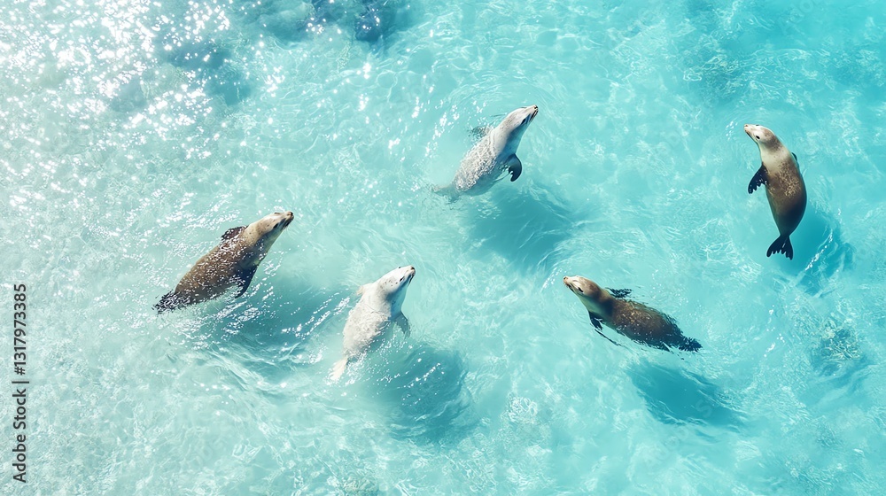 Fototapeta premium Seals swimming in clear blue ocean waters.