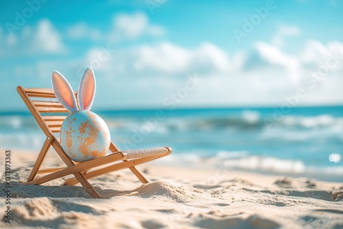  Easter egg with bunny ears on beach chair for greeting card or logo design concept