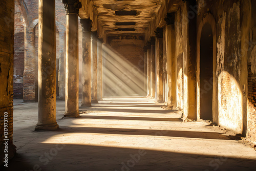 Sunlight filters into a dusty hall, casting long shadows that speak of bygone eras. photo