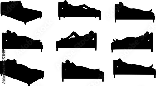 Set of man on bed silhouette vector
