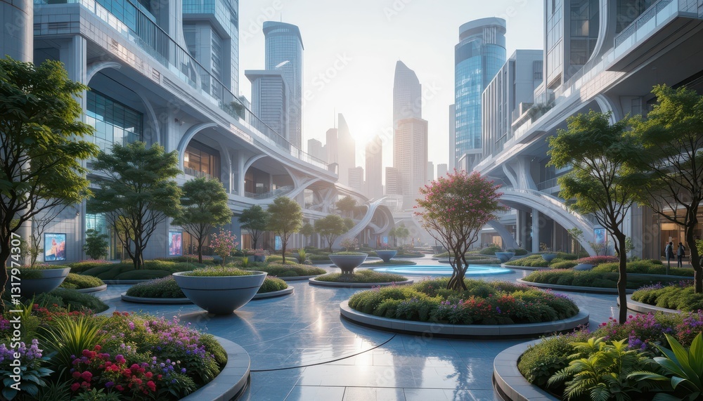 Modern Urban Landscape in Tech City with Gardens and Buildings Modern Urban Landscape in Tech City with Gardens and Buildings