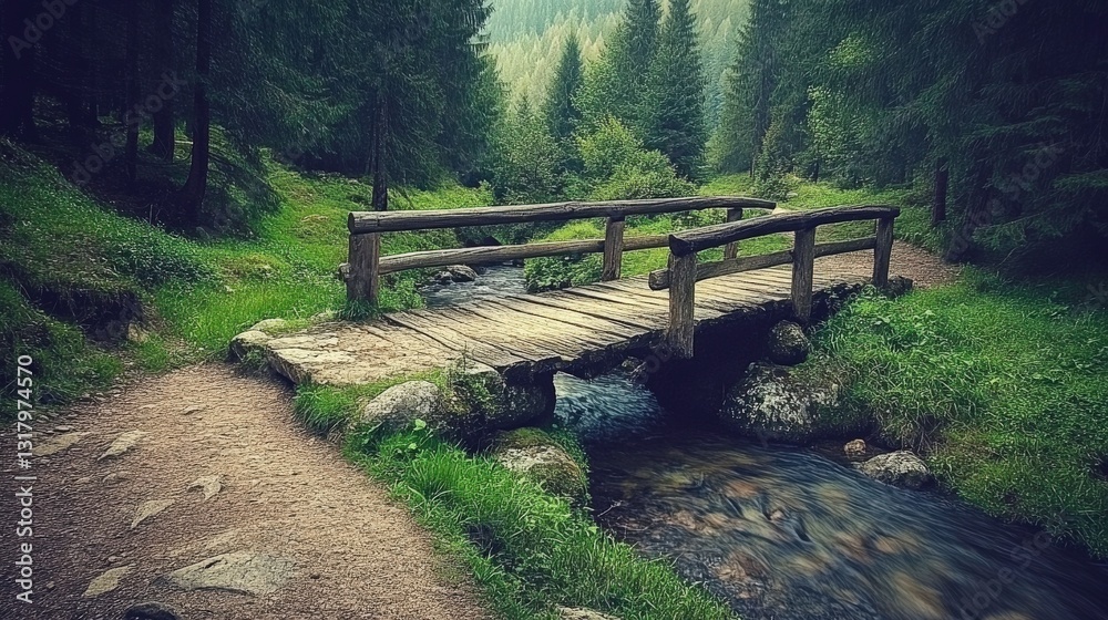 Fototapeta premium Vintage Wooden Bridge over Tranquil Stream in Nature