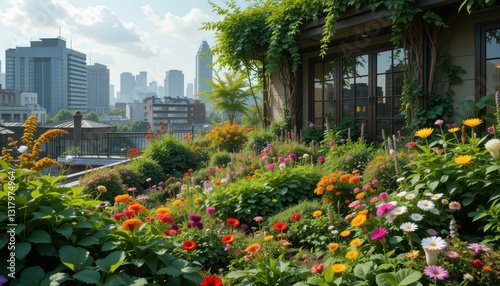 Wallpaper Mural Vibrant Rooftop Garden with City Skyline and Colorful Flowers Torontodigital.ca